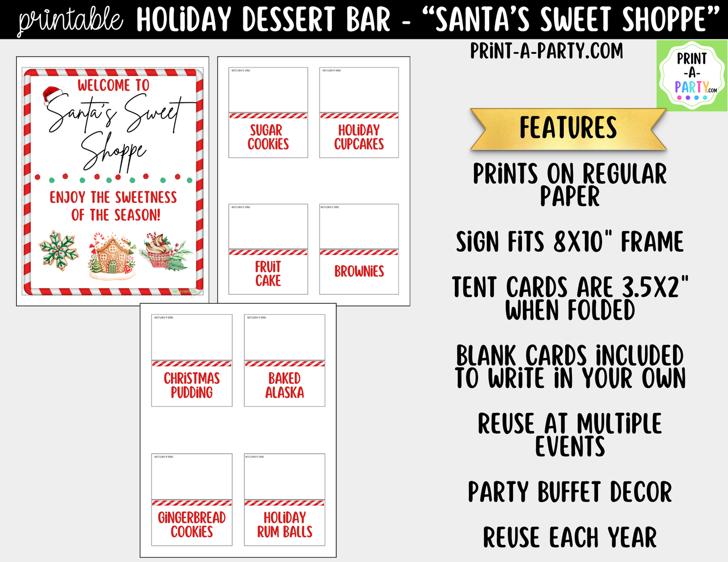 Christmas Dessert Bar Printable Kit | Santa's Sweet Shoppe Sign and Tent Cards