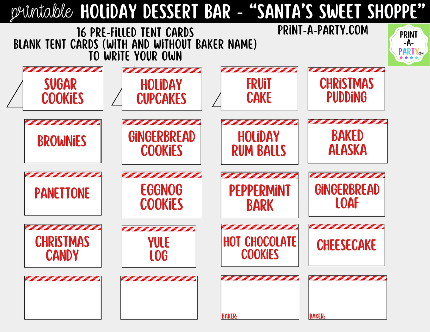 Christmas Dessert Bar Printable Kit | Santa's Sweet Shoppe Sign and Tent Cards