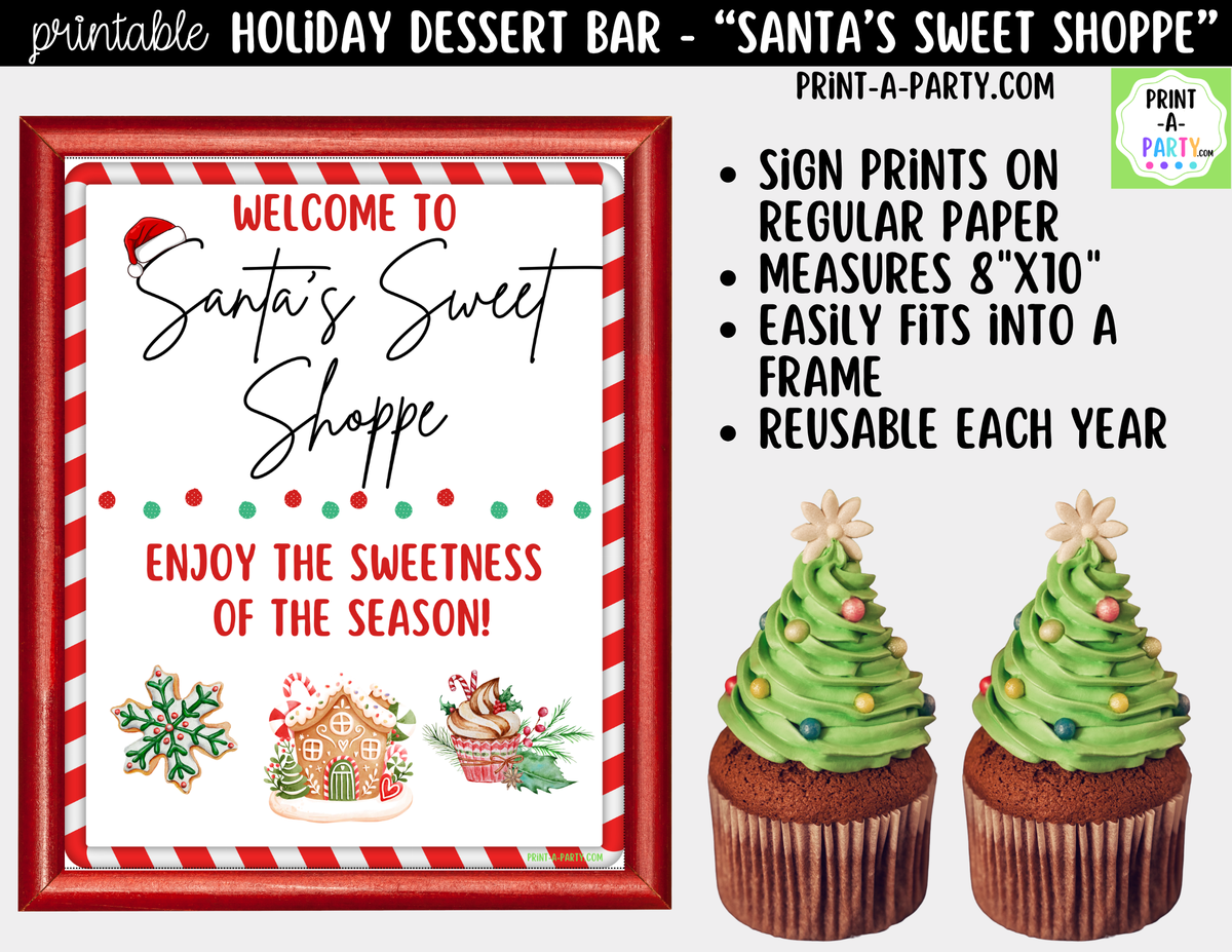 Christmas Dessert Bar Printable Kit | Santa's Sweet Shoppe Sign and Tent Cards