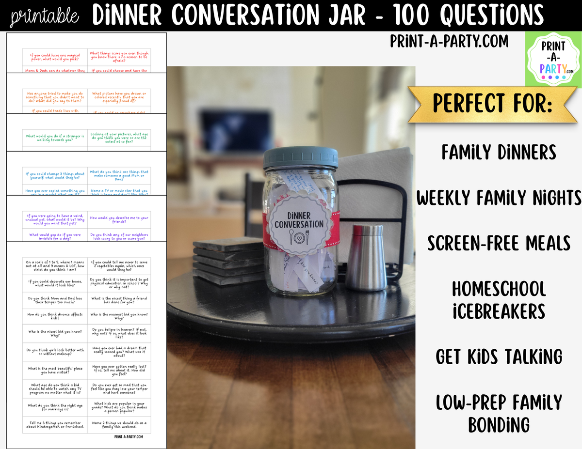 Dinner Conversation Jar Printable | 100 Questions for Kids