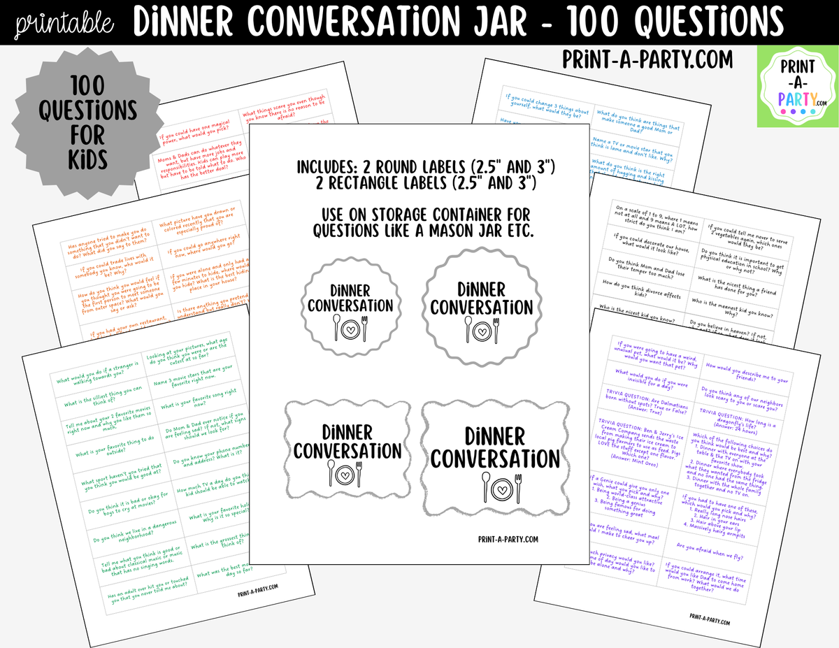 Dinner Conversation Jar Printable | 100 Questions for Kids