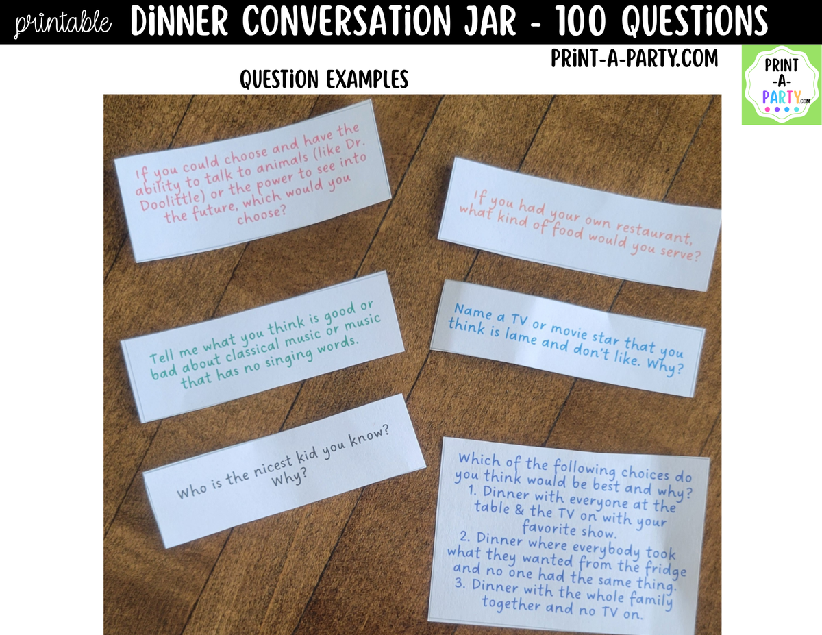 Dinner Conversation Jar Printable | 100 Questions for Kids