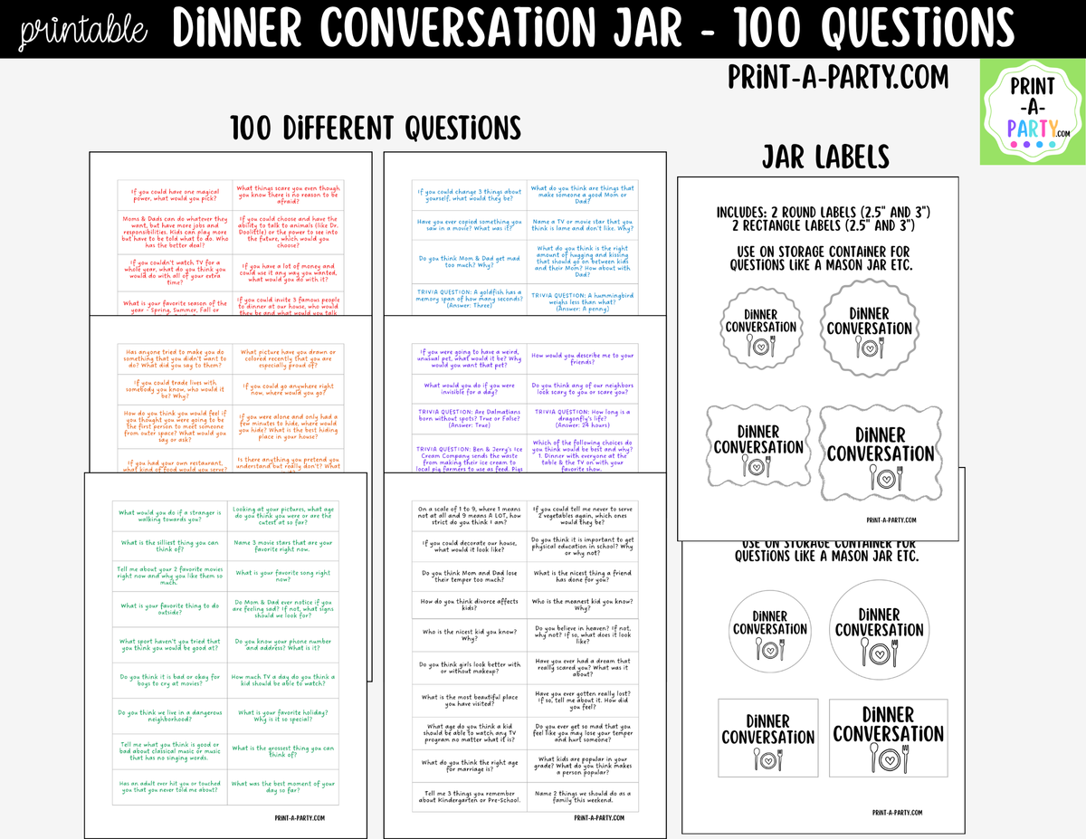 Dinner Conversation Jar Printable | 100 Questions for Kids