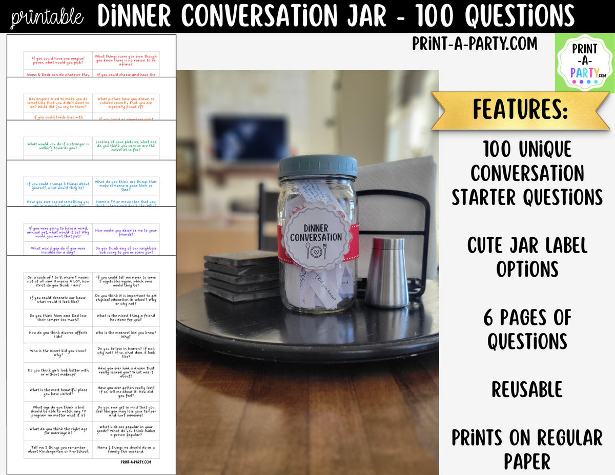 Dinner Conversation Jar Printable | 100 Questions for Kids