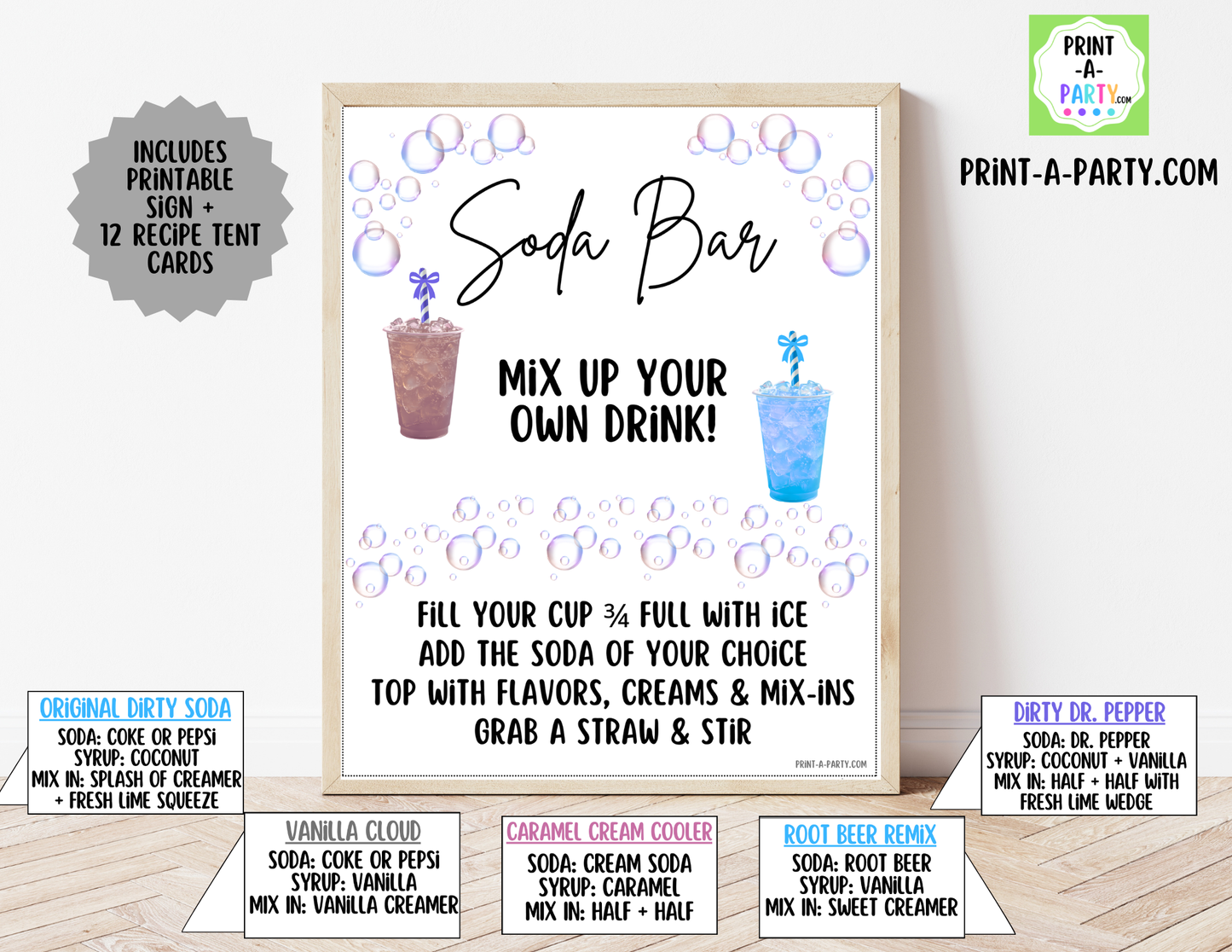 SODA BAR - Printable Soda Bar Kit - Dirty Soda Sign & Recipe Tent Cards (12 recipes!)