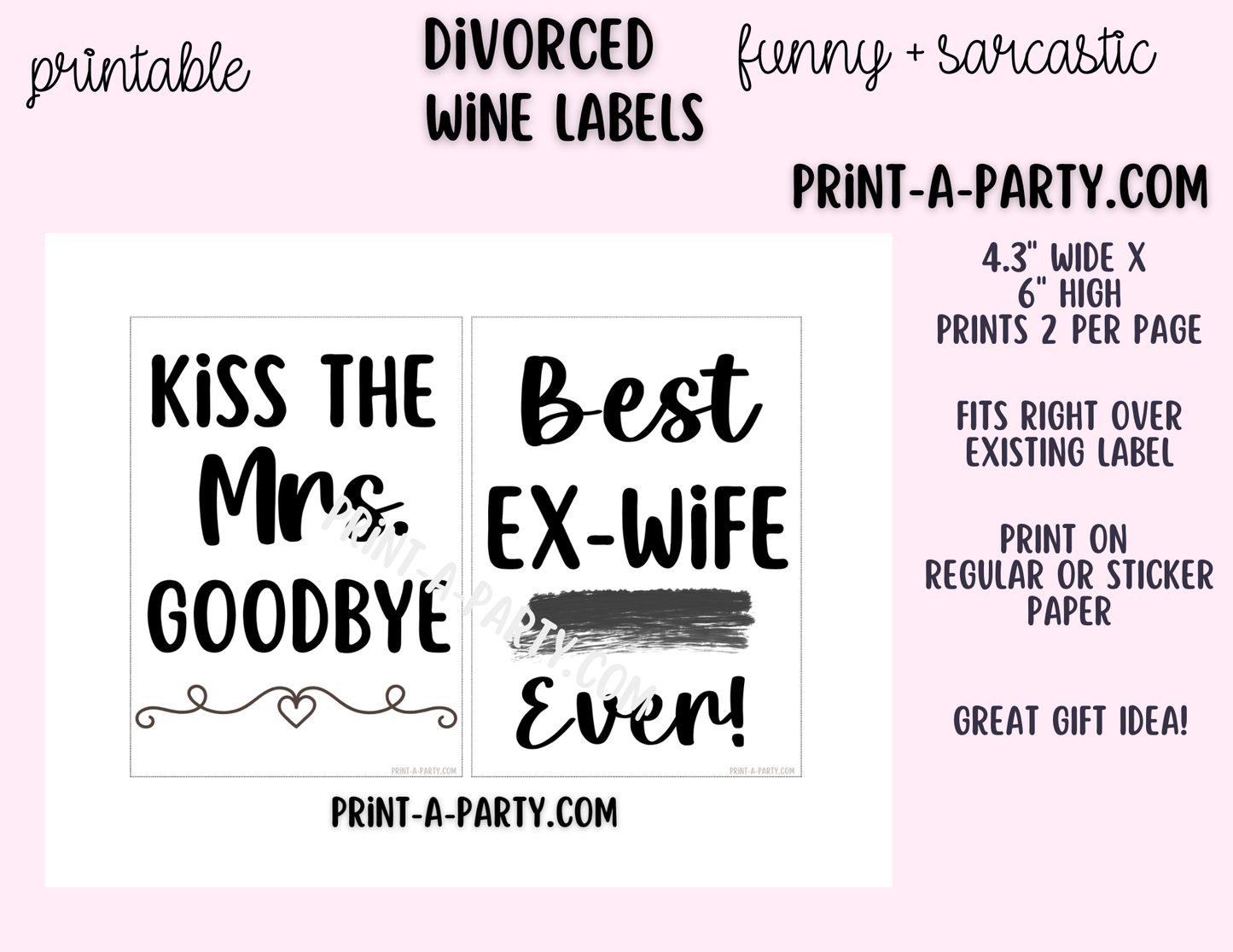 WINE LABELS: Printable Divorce Party Wine Labels (6-Pack) – Funny Breakup & “Just Divorced” Wine Bottle Stickers (4.3” x 6”)