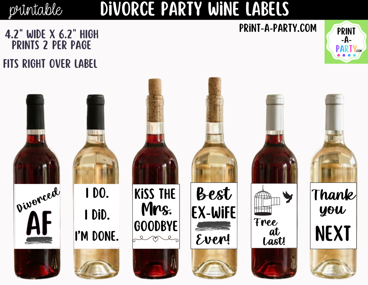 Printable Divorce Party Wine Labels (6-Pack) | Funny Breakup and Just Divorced Wine Bottle Stickers