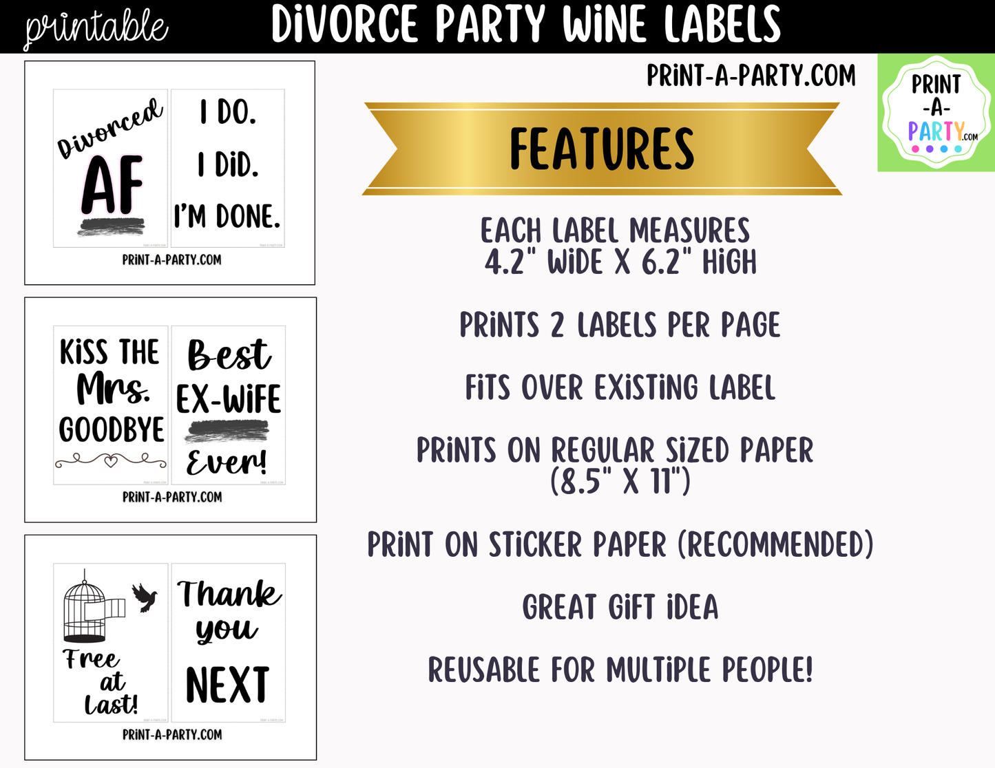 Printable Divorce Party Wine Labels (6-Pack) | Funny Breakup and Just Divorced Wine Bottle Stickers