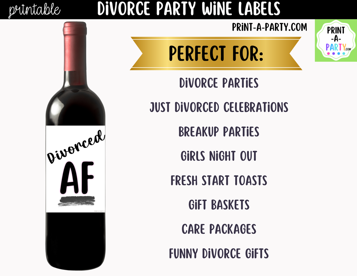Printable Divorce Party Wine Labels (6-Pack) | Funny Breakup and Just Divorced Wine Bottle Stickers