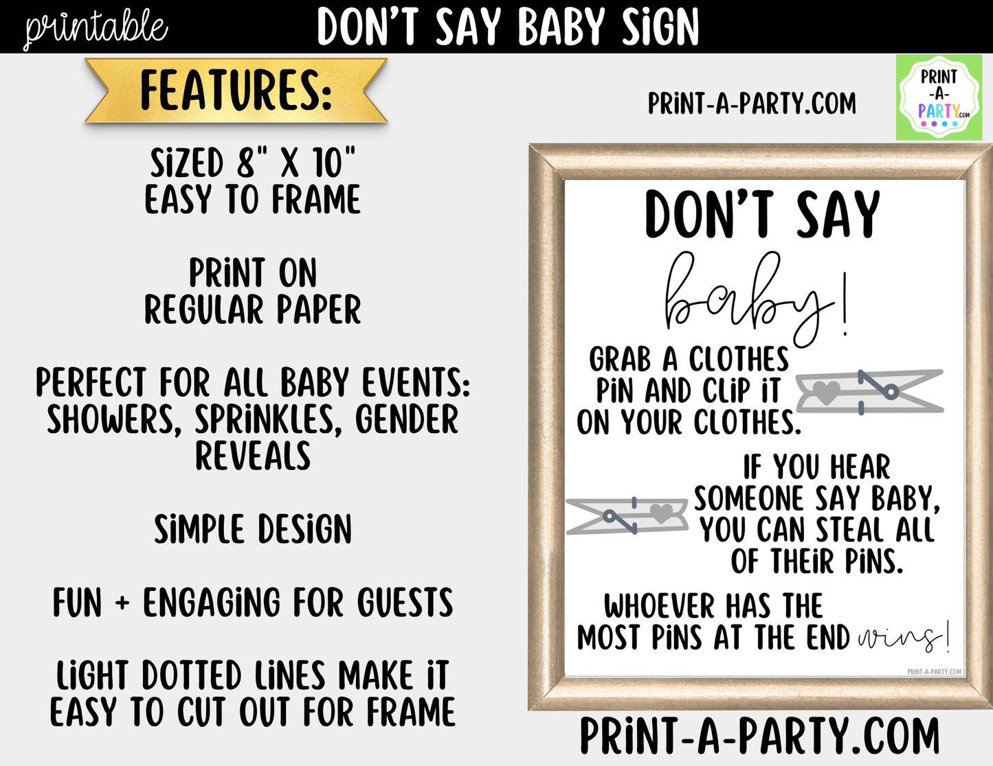 Don't Say Baby Game Printable Sign (8x10) – For Baby Showers and Events