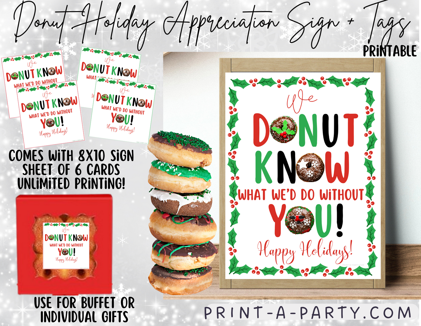 DONUT BAR | DONUT STATION Christmas Holiday Appreciation Sign and Tags | We Donut Know What We'd Do Without You | Holiday Party | Christmas Party  | Appreciation Sign | Holiday Donut Sign | Donut Sign | Employee Staff Appreciation