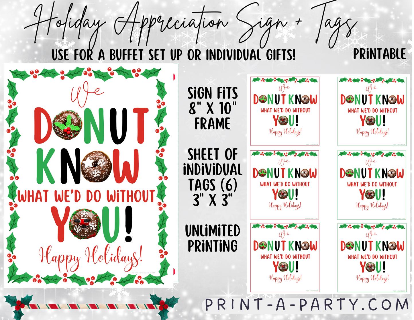 DONUT BAR | DONUT STATION Christmas Holiday Appreciation Sign and Tags | We Donut Know What We'd Do Without You | Holiday Party | Christmas Party  | Appreciation Sign | Holiday Donut Sign | Donut Sign | Employee Staff Appreciation