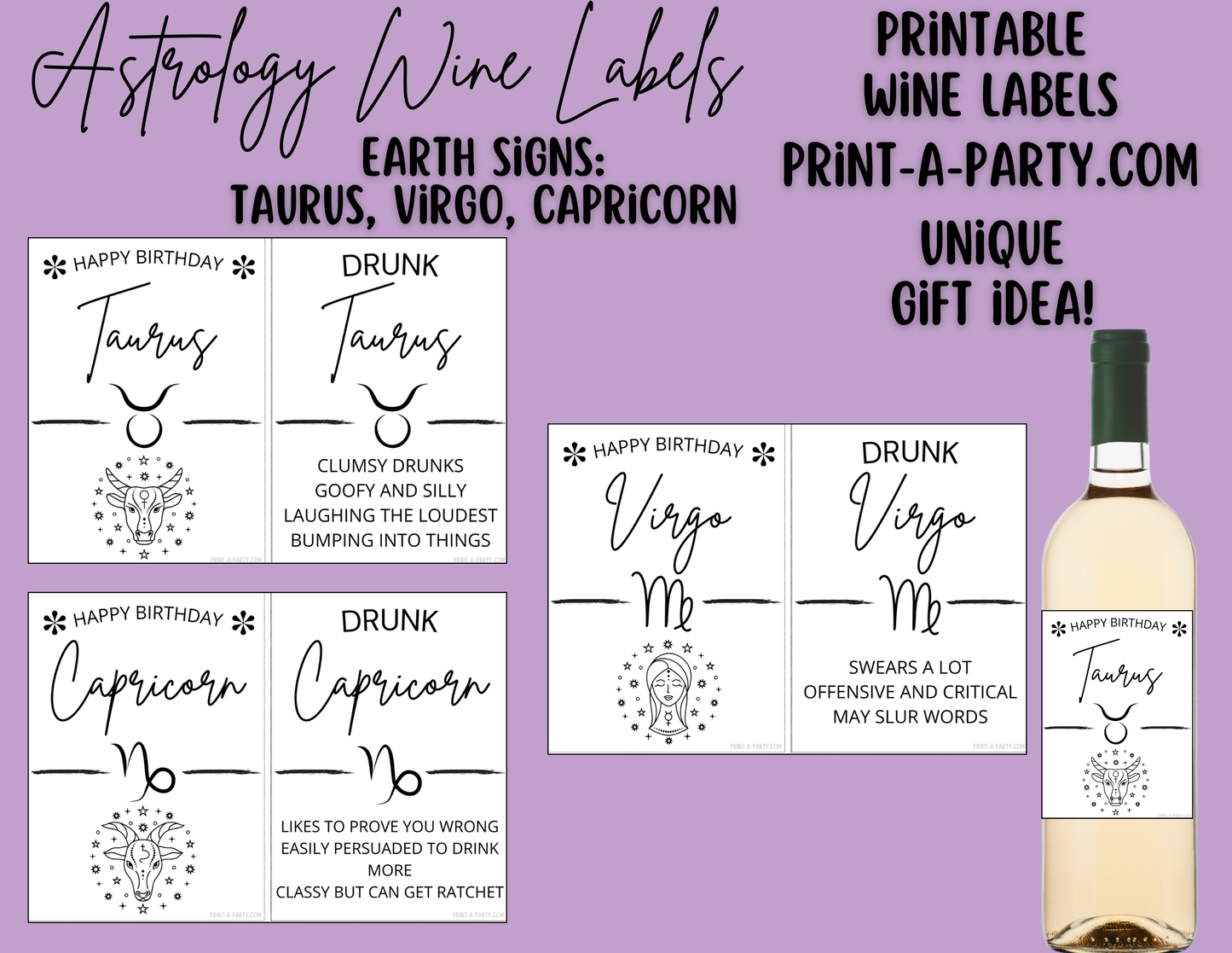 WINE LABELS: Astrology Zodiac Wine | Drunk Astrology Zodiac Signs | Astrology Wine | Zodiac Wine | Aries Taurus Gemini Cancer Leo Virgo Libra Scorpio Sagittarius Capricorn Aquarius Pisces | INSTANT DOWNLOAD