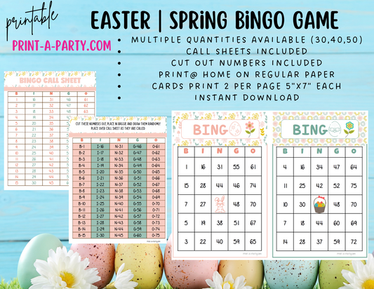 BINGO: Spring | Easter | Easter Bunny | Spring Florals | Parties | Birthday | Classroom | 30, 40, or 50 cards - INSTANT DOWNLOAD