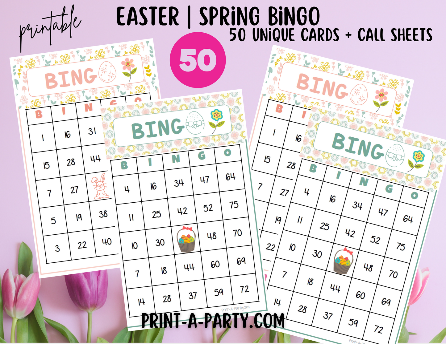 BINGO: Spring | Easter | Easter Bunny | Spring Florals | Parties | Birthday | Classroom | 30, 40, or 50 cards - INSTANT DOWNLOAD