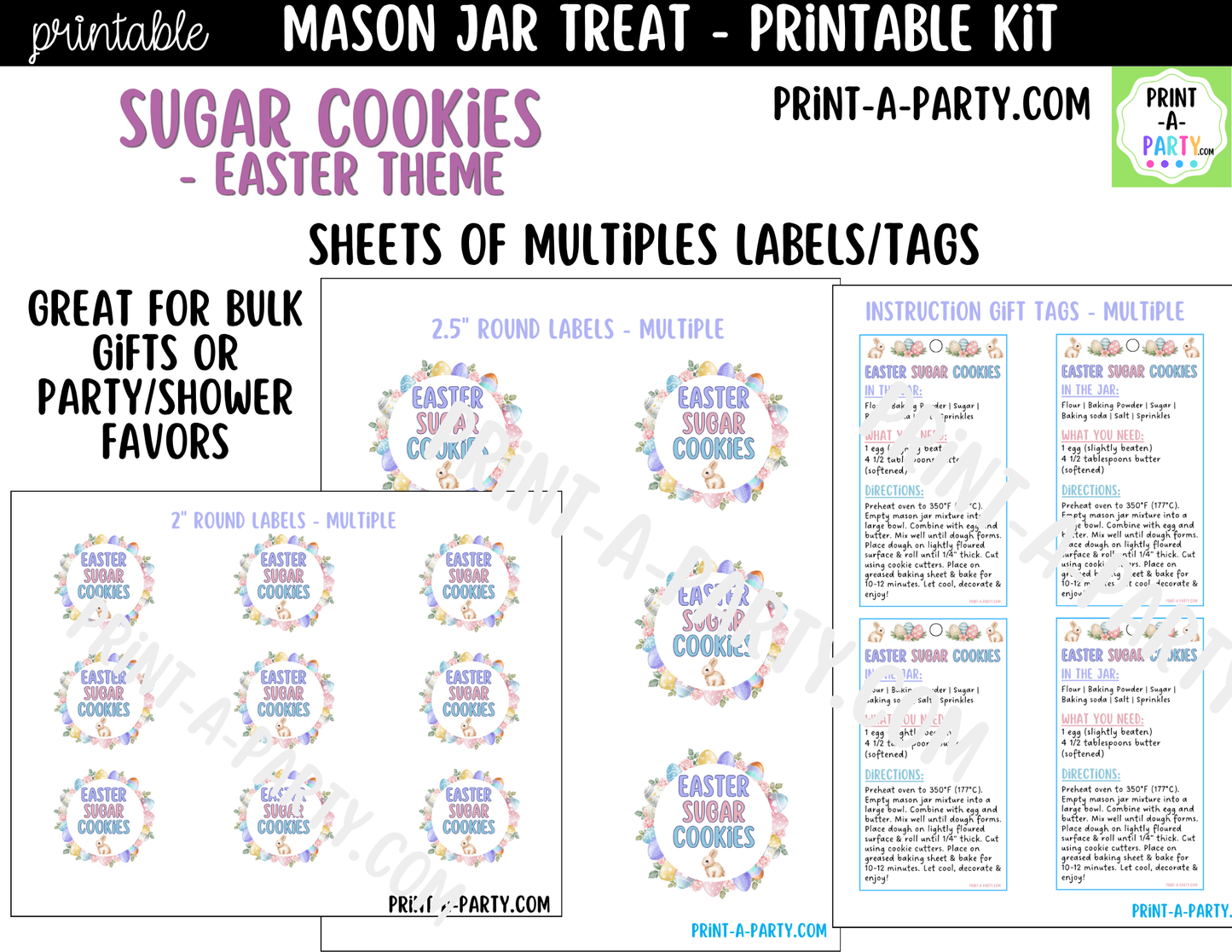 Easter Sugar Cookies in a Mason Jar Gift Printable Kit - Labels, Tag, Recipe & Instructions