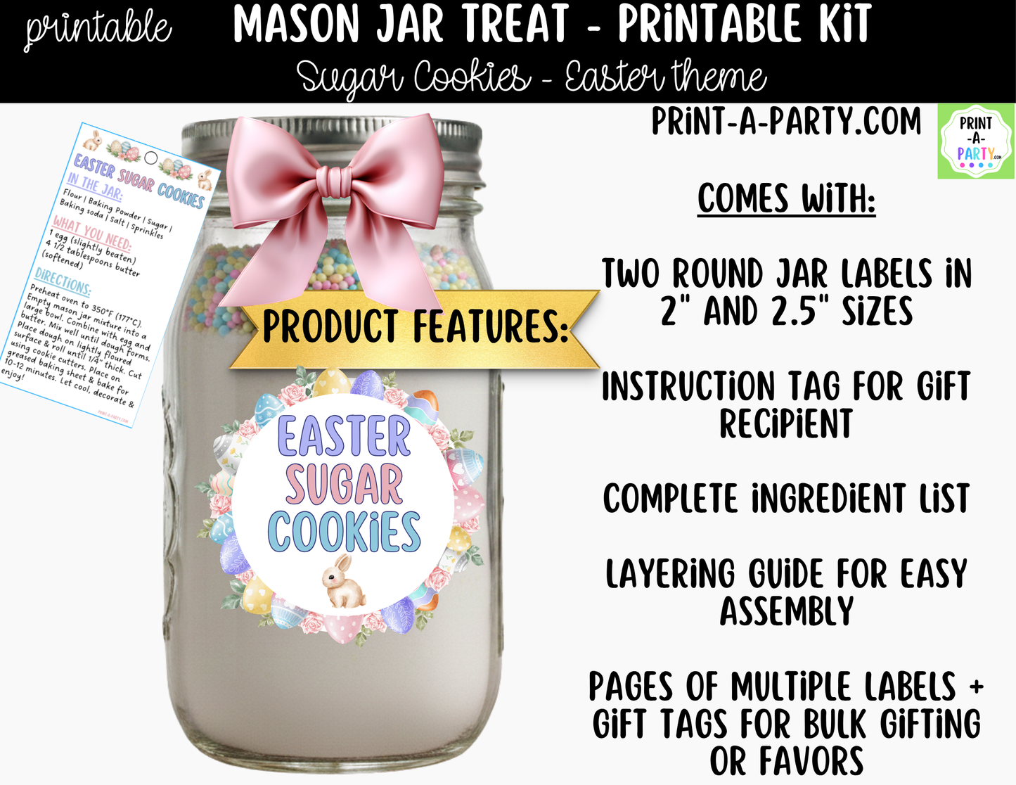 Easter Sugar Cookies in a Mason Jar Gift Printable Kit - Labels, Tag, Recipe & Instructions