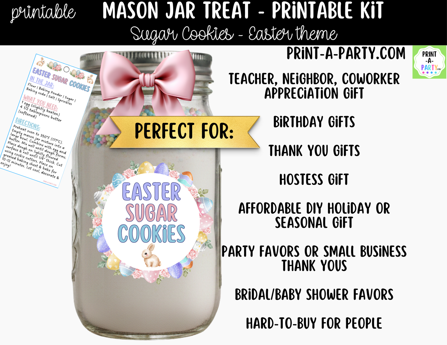 Easter Sugar Cookies in a Mason Jar Gift Printable Kit - Labels, Tag, Recipe & Instructions