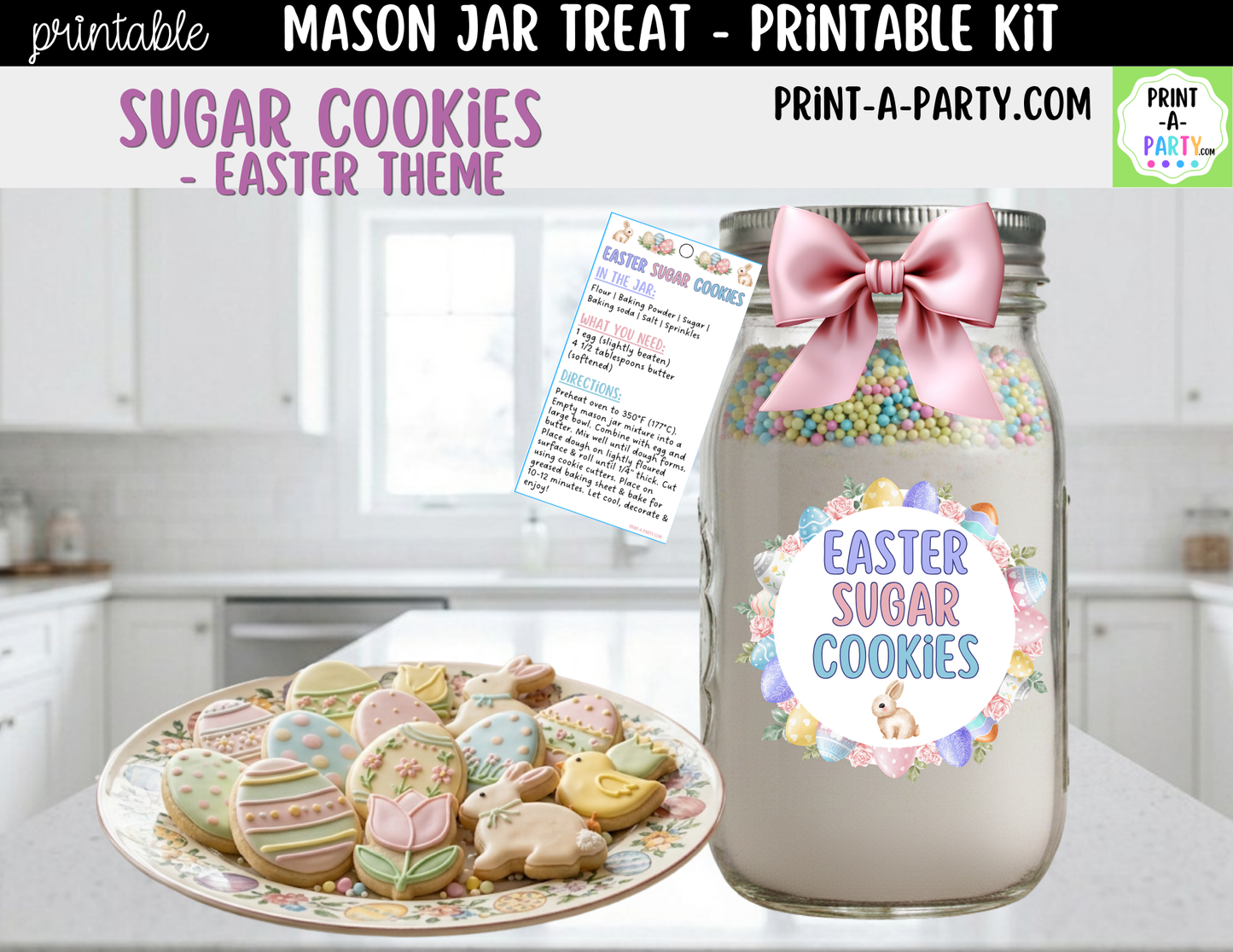 Easter Sugar Cookies in a Mason Jar Gift Printable Kit - Labels, Tag, Recipe & Instructions