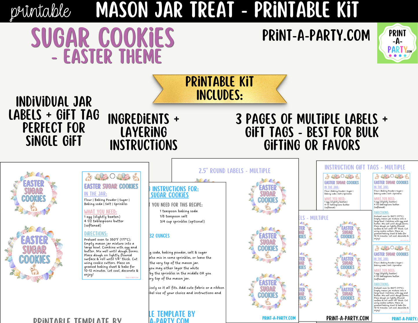 Easter Sugar Cookies in a Mason Jar Gift Printable Kit - Labels, Tag, Recipe & Instructions
