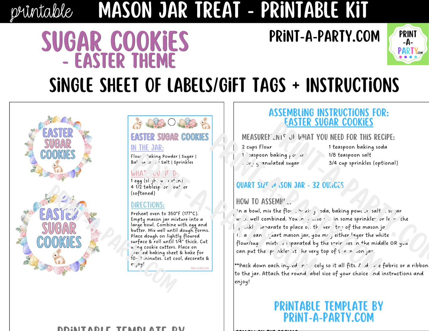 Easter Sugar Cookies in a Mason Jar Gift Printable Kit - Labels, Tag, Recipe & Instructions