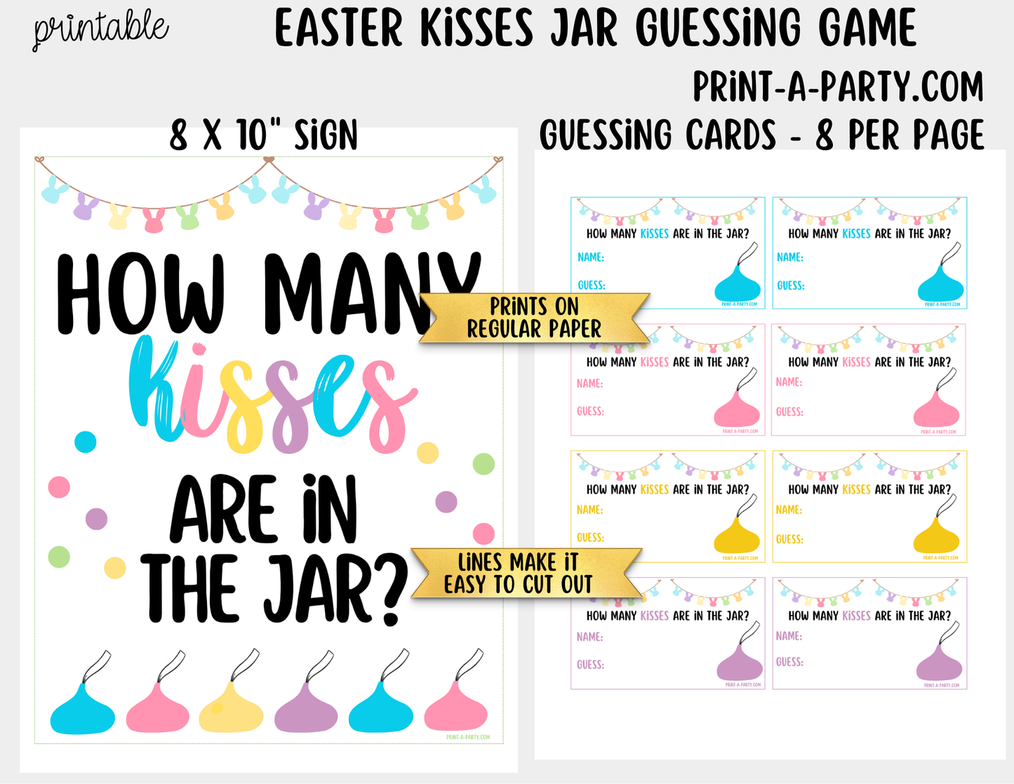 Easter Kisses Jar Game Printable Sign (8x10) + Guessing Cards - for Easter or Spring party game decor