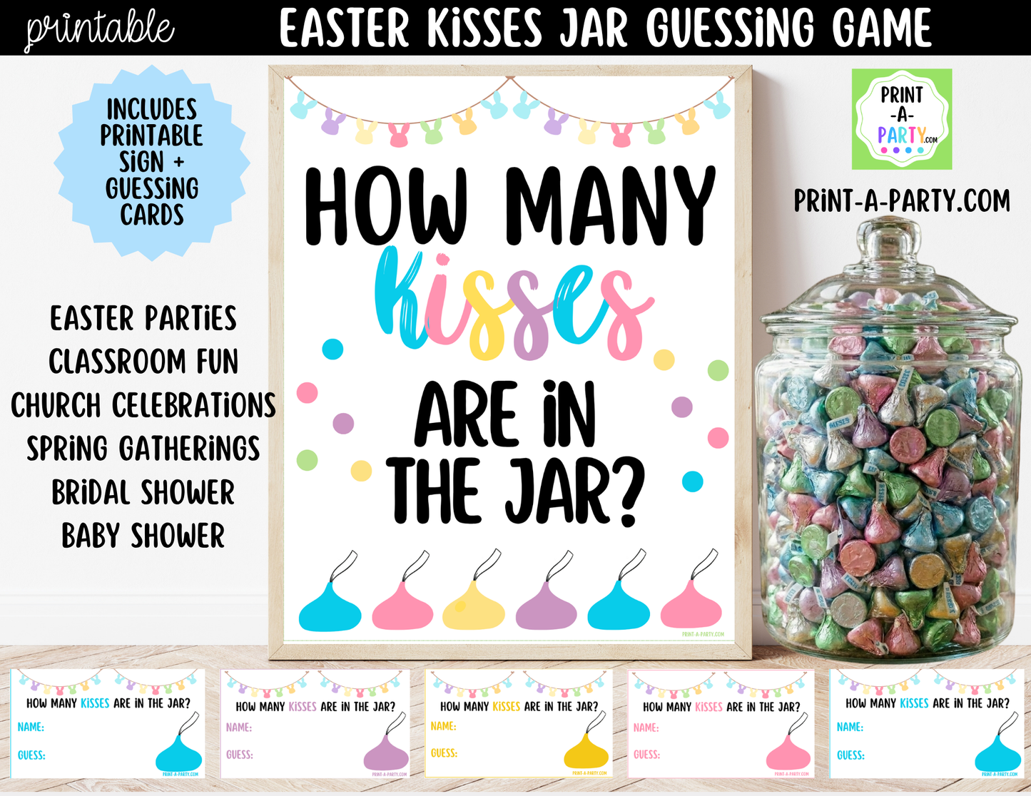 Easter Kisses Jar Game Printable Sign (8x10) + Guessing Cards - for Easter or Spring party game decor