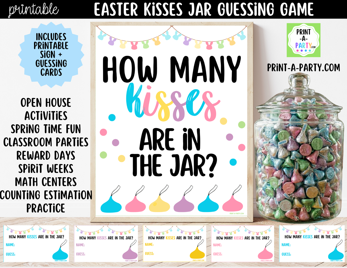 Easter Kisses Jar Game Printable Sign (8x10) + Guessing Cards - for Easter or Spring party game decor