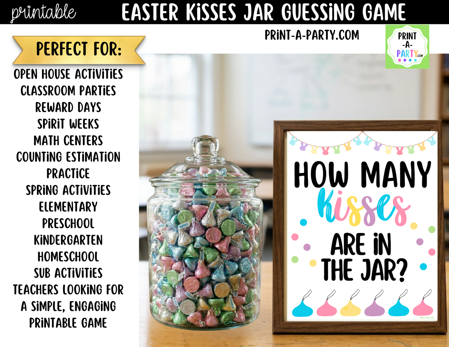 Easter Kisses Jar Game Printable Sign (8x10) + Guessing Cards - for Easter or Spring party game decor