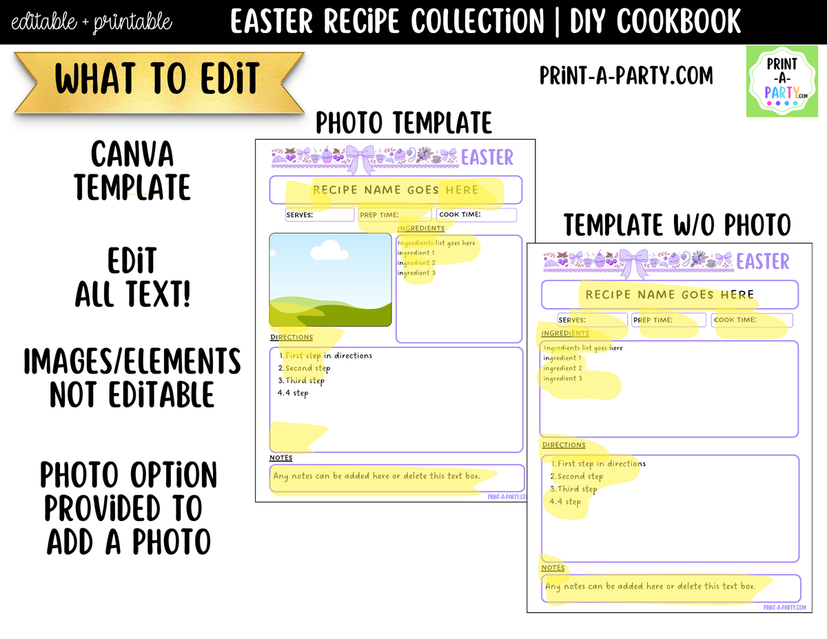 Easter Recipe Pages Printable & Editable Cookbook Set