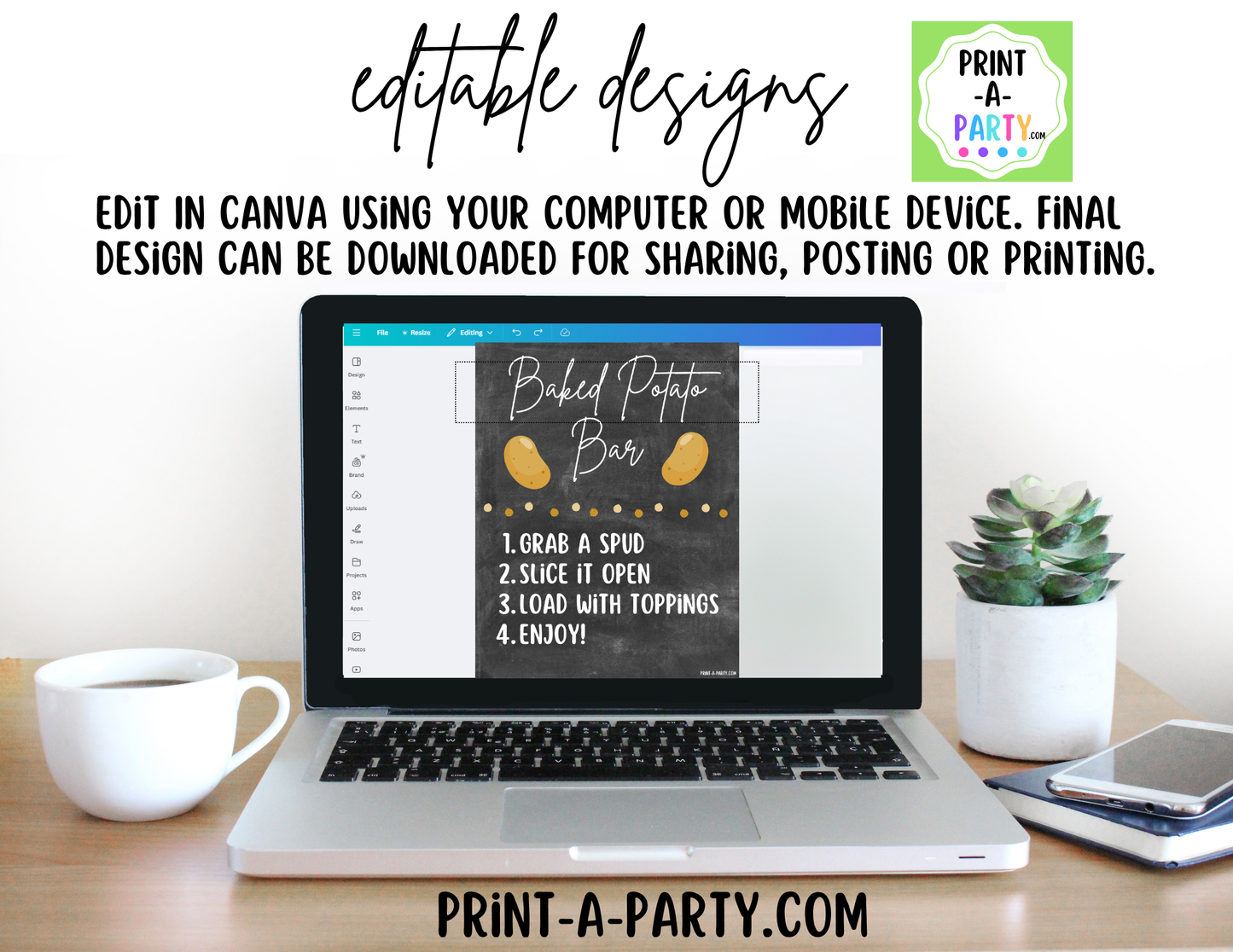 Editable Baked Potato Bar Sign (8x10) + Topping Tent Cards - Buffet Station Printable for Parties and Events