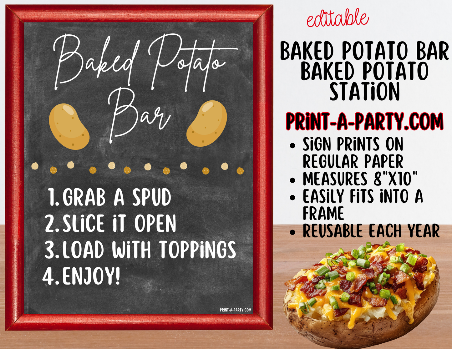 Editable Baked Potato Bar Sign (8x10) + Topping Tent Cards - Buffet Station Printable for Parties and Events