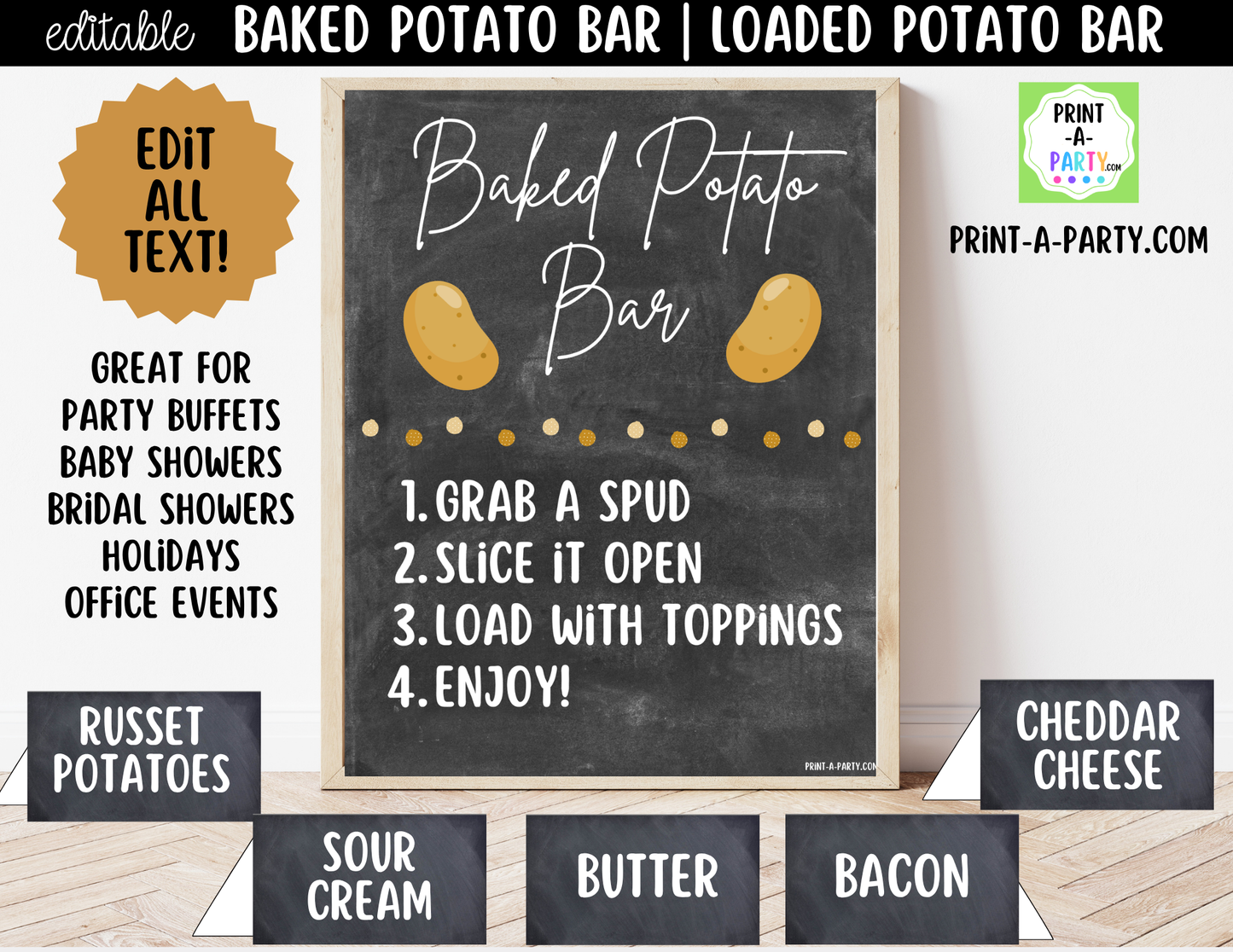 Editable Baked Potato Bar Sign (8x10) + Topping Tent Cards - Buffet Station Printable for Parties and Events