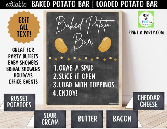 Editable Baked Potato Bar Sign (8x10) + Topping Tent Cards - Buffet Station Printable for Parties and Events
