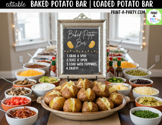 Editable Baked Potato Bar Sign (8x10) + Topping Tent Cards - Buffet Station Printable for Parties and Events
