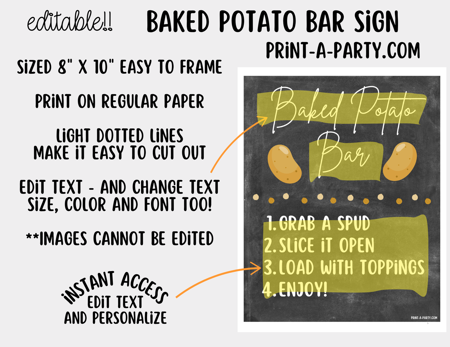 Editable Baked Potato Bar Sign (8x10) + Topping Tent Cards - Buffet Station Printable for Parties and Events