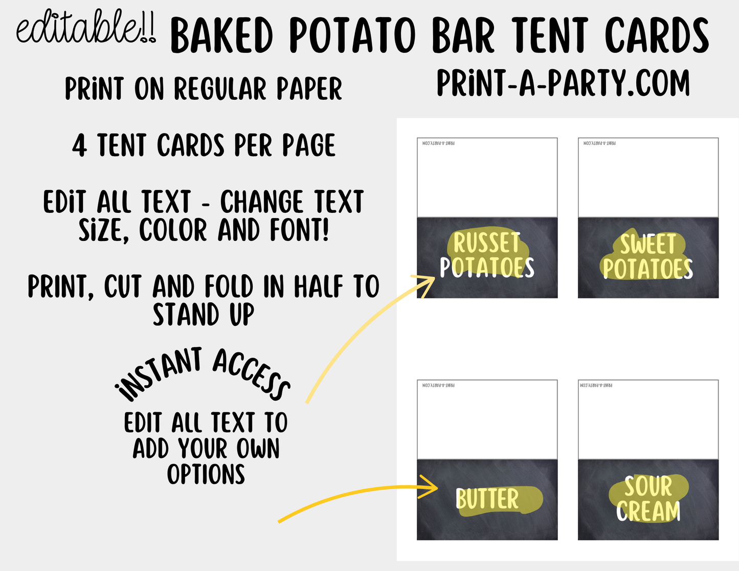 Editable Baked Potato Bar Sign (8x10) + Topping Tent Cards - Buffet Station Printable for Parties and Events