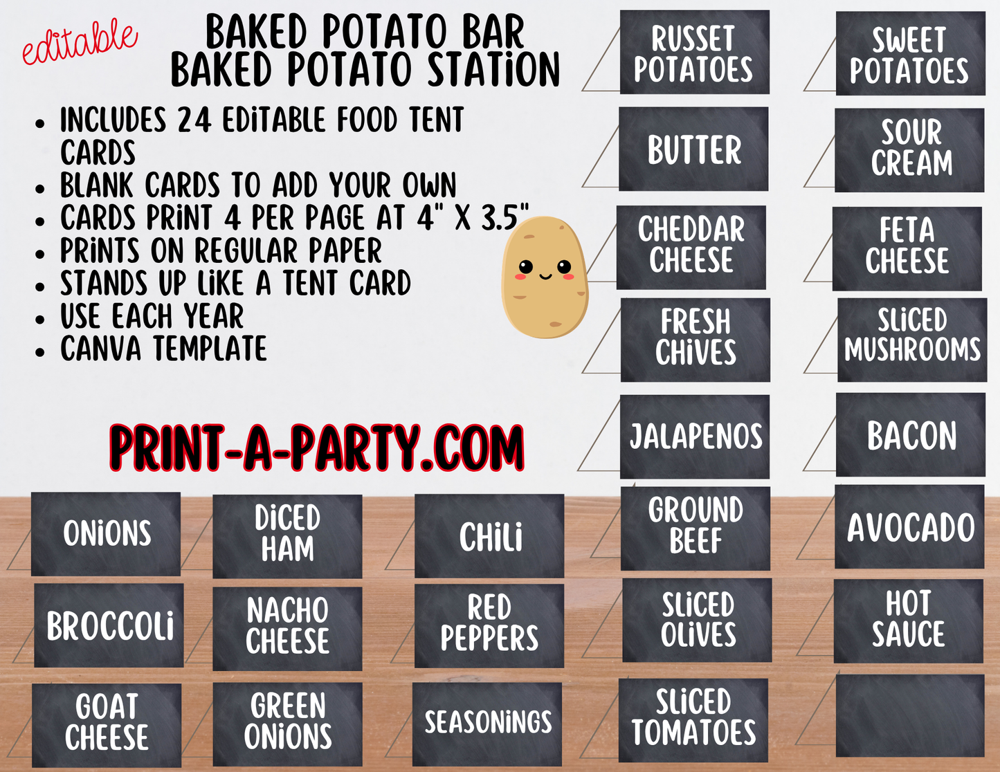 Editable Baked Potato Bar Sign (8x10) + Topping Tent Cards - Buffet Station Printable for Parties and Events