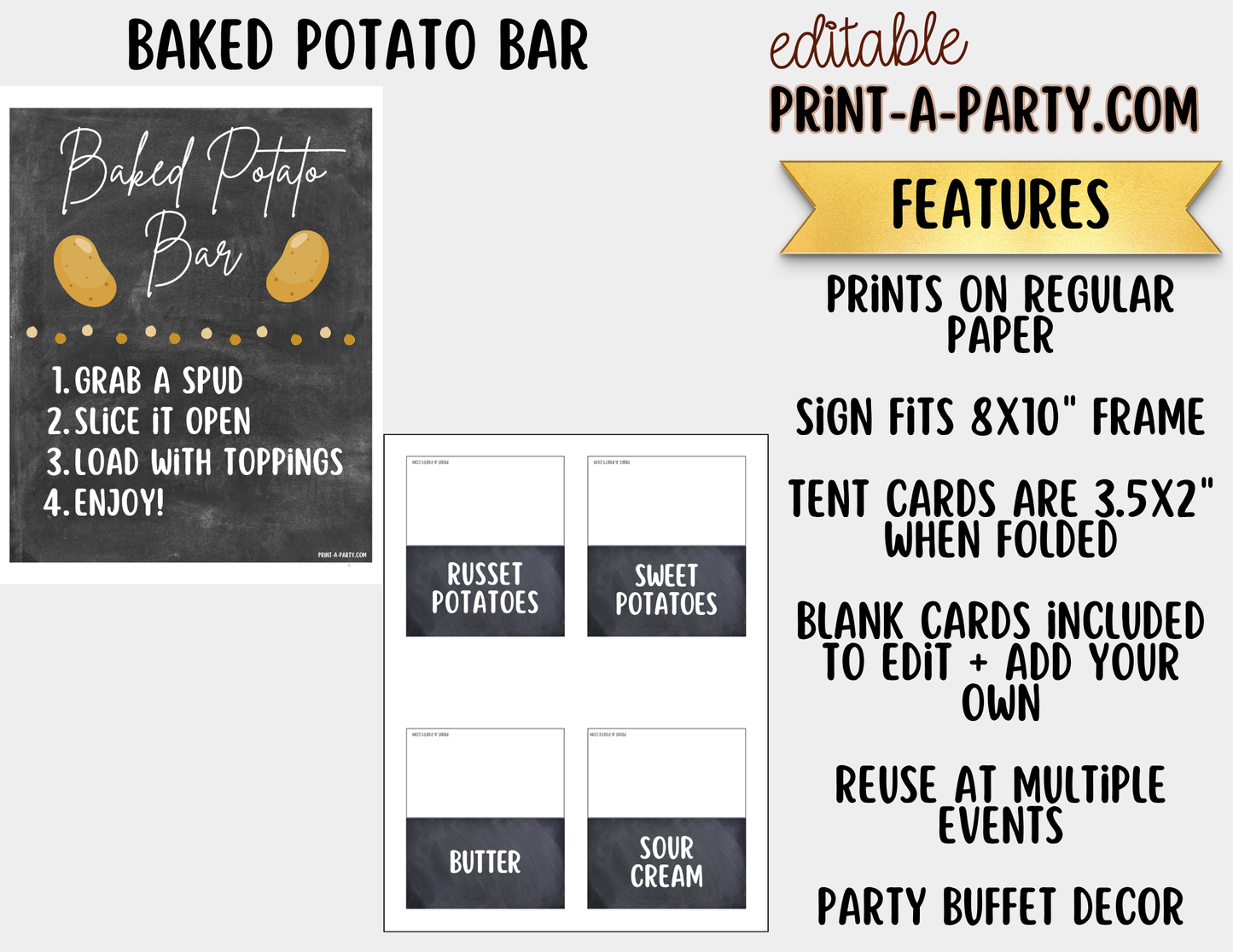 Editable Baked Potato Bar Sign (8x10) + Topping Tent Cards - Buffet Station Printable for Parties and Events