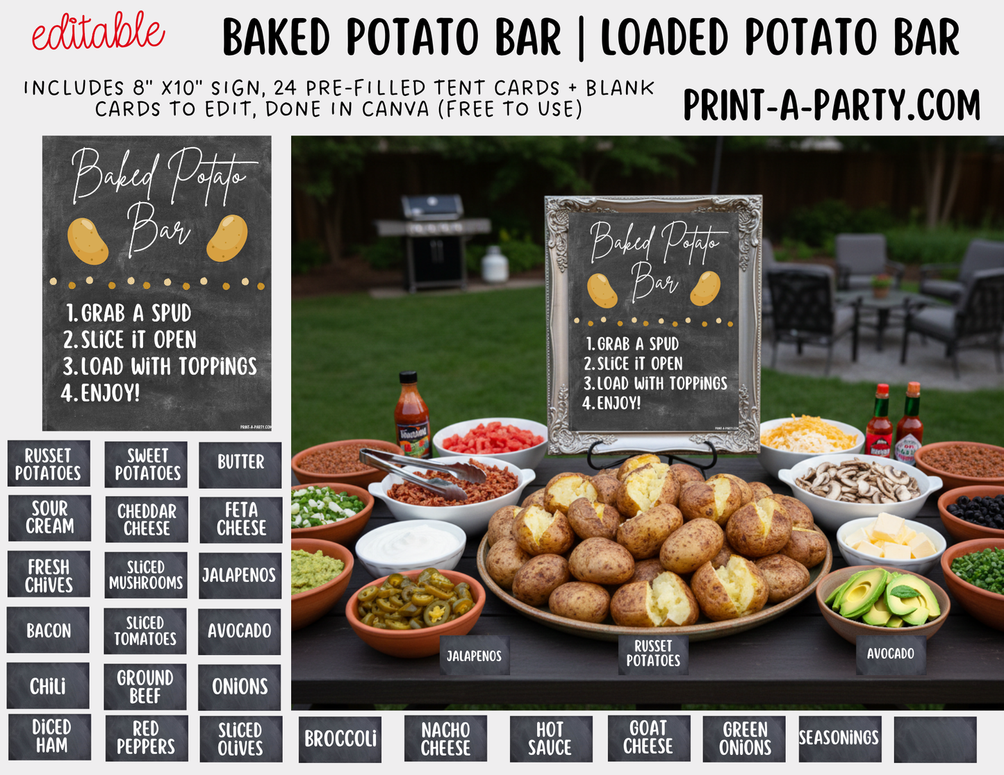 Editable Baked Potato Bar Sign (8x10) + Topping Tent Cards - Buffet Station Printable for Parties and Events