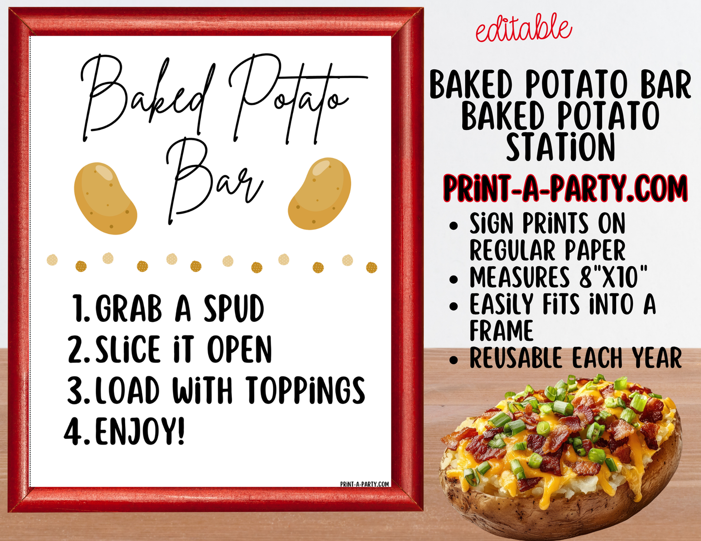 Editable Baked Potato Bar Sign (8x10) + Topping Tent Cards - Printable Food Station for Parties, Showers, Events, Holidays