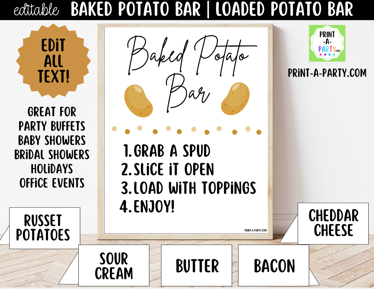 Editable Baked Potato Bar Sign (8x10) + Topping Tent Cards - Printable Food Station for Parties, Showers, Events, Holidays