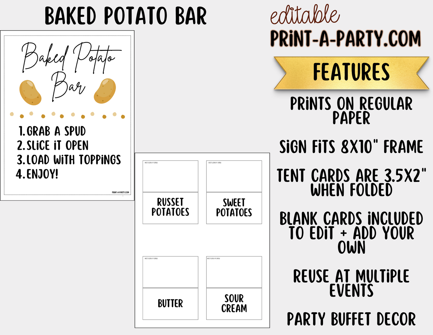 Editable Baked Potato Bar Sign (8x10) + Topping Tent Cards - Printable Food Station for Parties, Showers, Events, Holidays