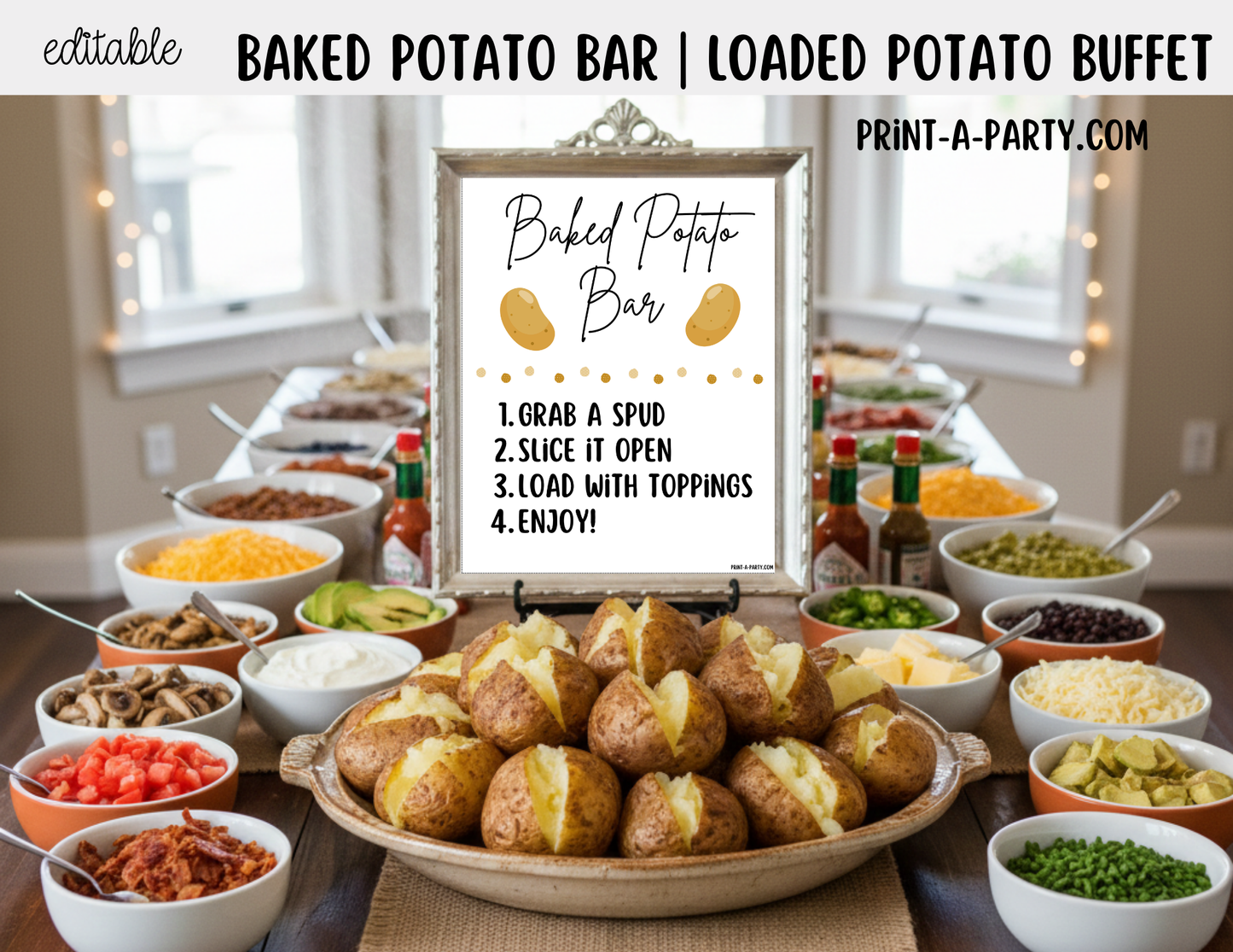 Editable Baked Potato Bar Sign (8x10) + Topping Tent Cards - Printable Food Station for Parties, Showers, Events, Holidays