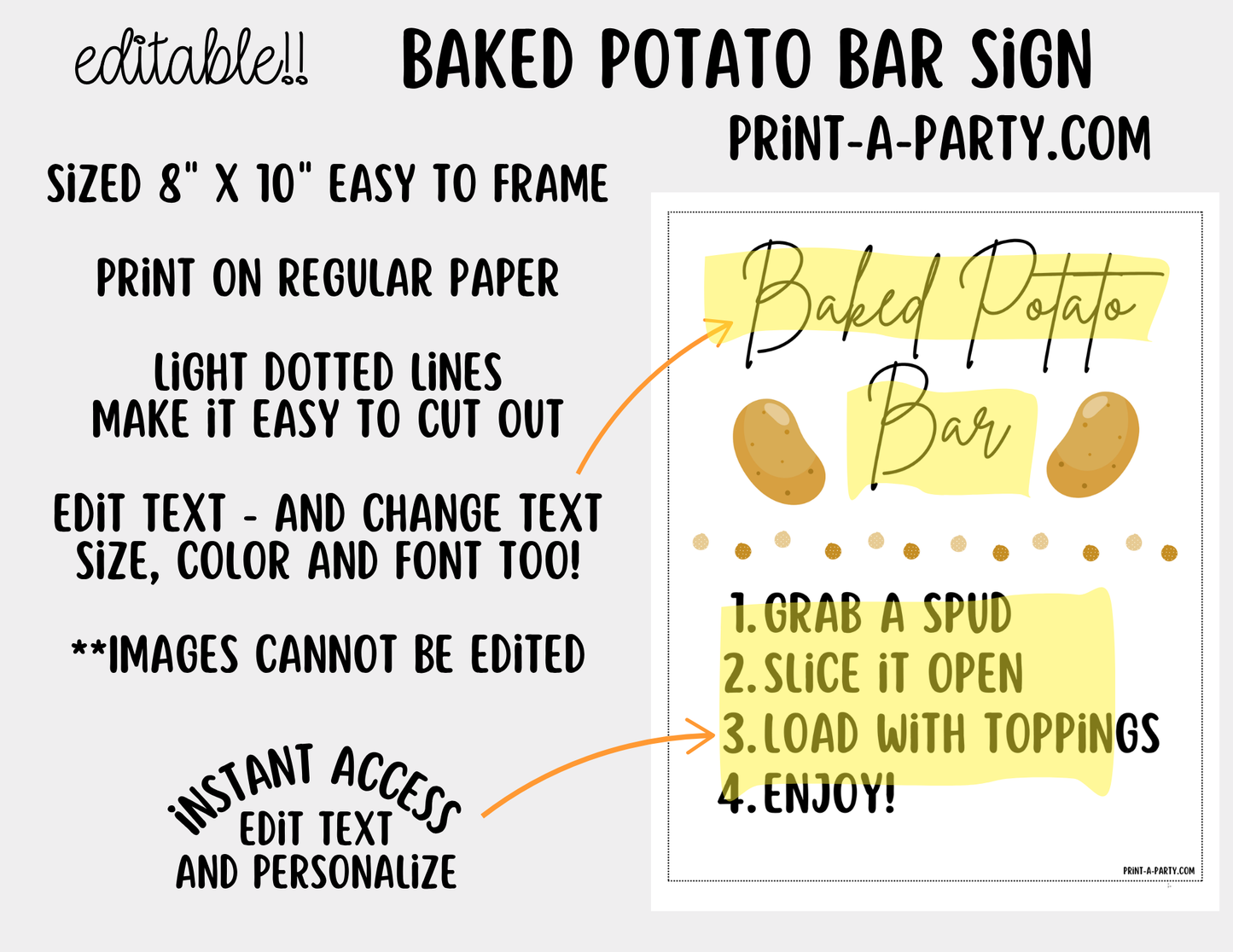 Editable Baked Potato Bar Sign (8x10) + Topping Tent Cards - Printable Food Station for Parties, Showers, Events, Holidays