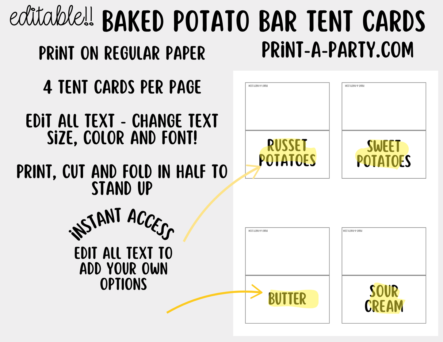 Editable Baked Potato Bar Sign (8x10) + Topping Tent Cards - Printable Food Station for Parties, Showers, Events, Holidays