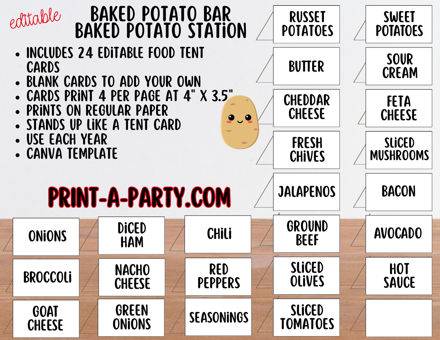 Editable Baked Potato Bar Sign (8x10) + Topping Tent Cards - Printable Food Station for Parties, Showers, Events, Holidays