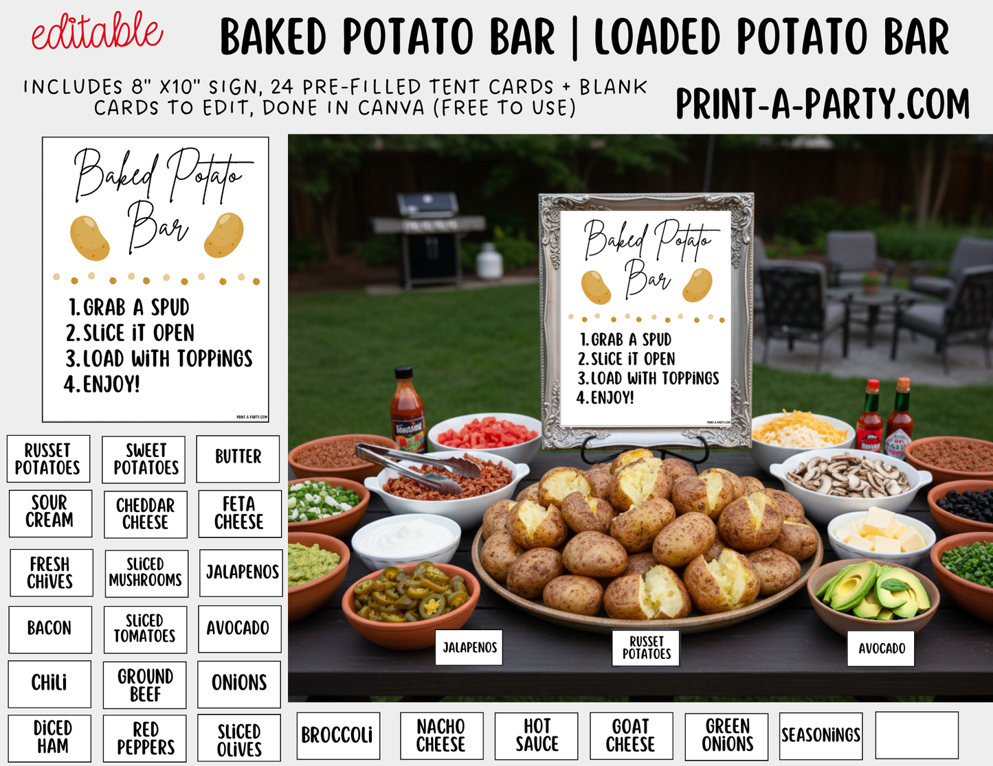 Editable Baked Potato Bar Sign (8x10) + Topping Tent Cards - Printable Food Station for Parties, Showers, Events, Holidays