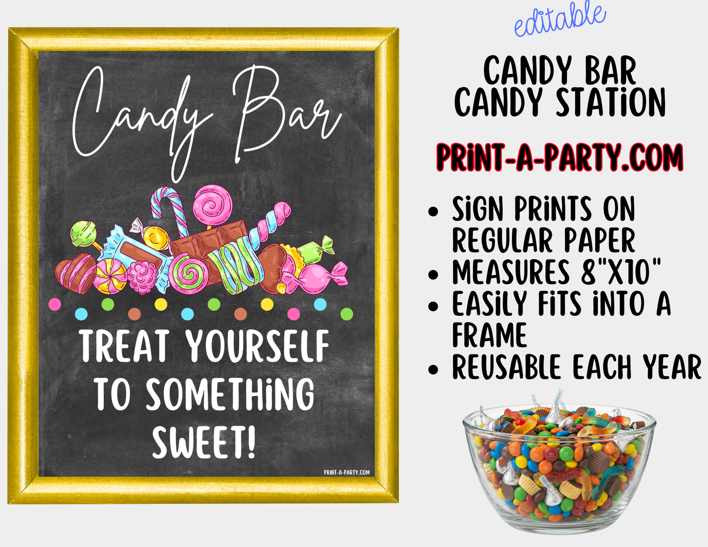 Editable Candy Bar Sign (8x10) and Tent Cards - Printable Sweet Table Decor for Parties and Events