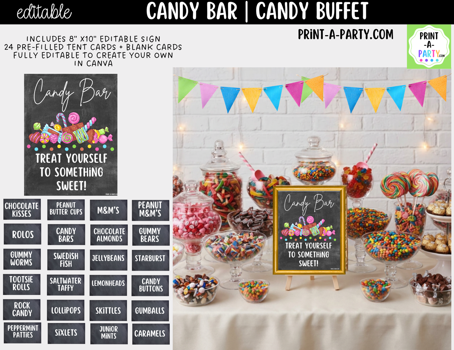 Editable Candy Bar Sign (8x10) and Tent Cards - Printable Sweet Table Decor for Parties and Events